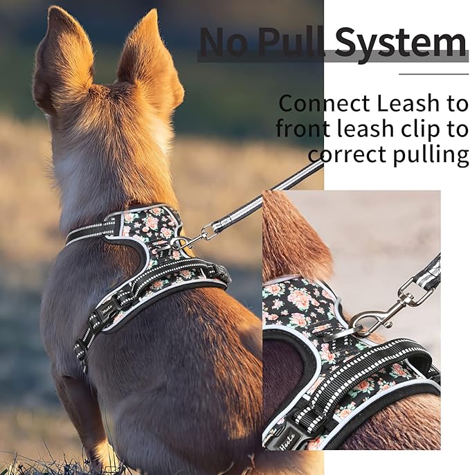 HEELE Dog Harness, No Pull Adjustable Padded Reflective Harness for Small Medium Large Dogs with Handle for Walking Training, Flower-Black, L