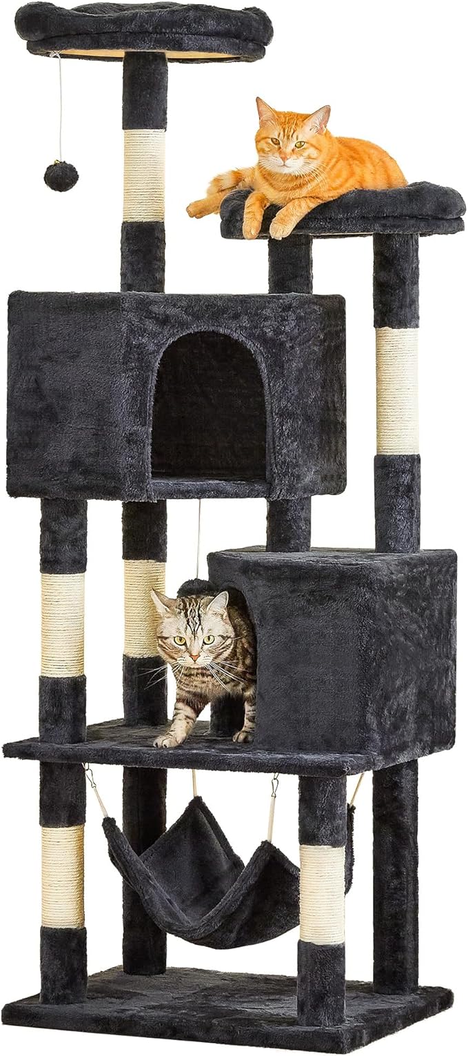 Cat Tree for Indoor Cats - 63in Multi-Level Large Cat Tower with 2 Big Cat Condos, 2 Padded Perches, Hammock, 6 Sisal-Covered Scratching Post and Toys for Kittens Pet Play House, Smoky Grey