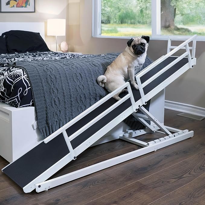 DoggoRamps Dog Ramp for Beds - Solid Hardwood with 5 Finish Options - Adjustable up to 37" High Beds with Low Incline, Safety Rails & Anti-Slip Grip, For Small Dogs up to 50lbs - Made in North America