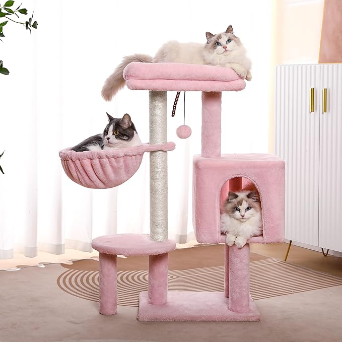 Small Cat Tree Pink Cat Tower with 32 Inches Scratching Post with Cats Condo House, Cozy Hammock and Removable Top Bed and Dangling Ball for Indoor Cats-34” Pink