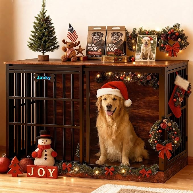 Petrova 47" Dog Crate Furniture with Name Tag, Heavy Duty Dog Kennel Indoor for Large/Medium Dogs, Wooden Dog Cage with Sliding Door, Decorate House as TV Stand, End Table, Rustic Brown