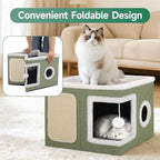 Shikha Cat Beds for Indoor Cats, Large Cat Cave with Cozy Condo, Fluffy Ball, Round Window, Foldable Indoor Cat House Hold Up to 30LBS, Cat Hideaway with Reversible Cushions for All Seasons, Green