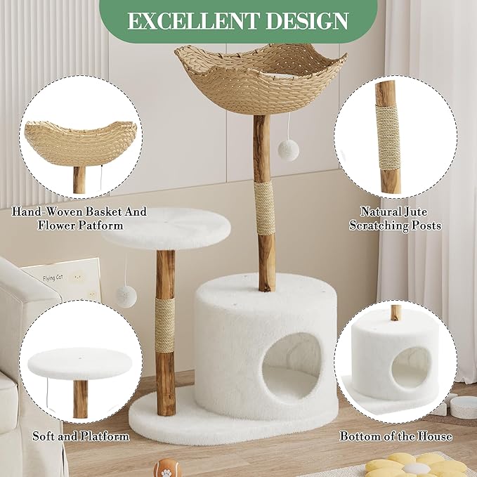 Modern Natural Wood Cat Tree, Stylish Solid Wooden Climbing Tower with Large Rattan Basket, Scratching Posts, Real Branch Design, White Luxury Perch for Rest and Play