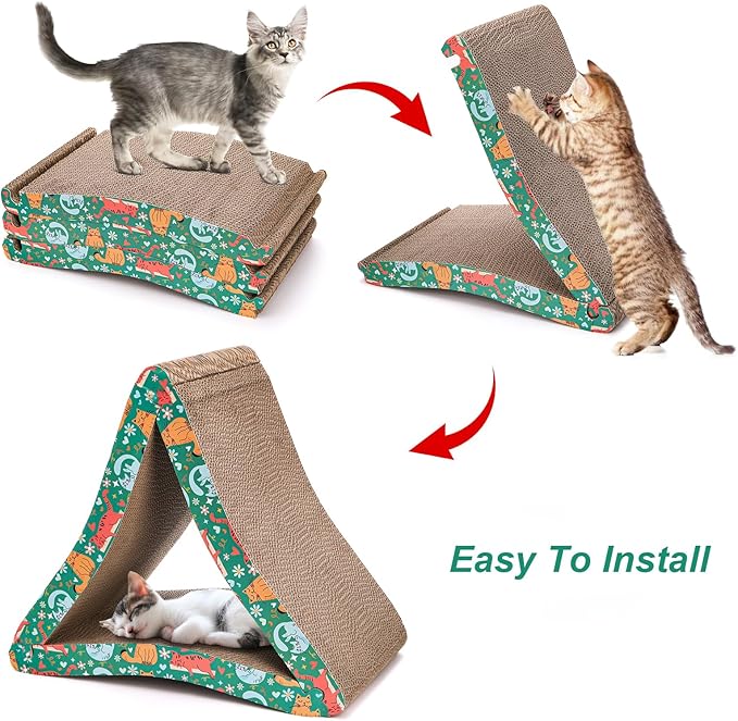 Nicunom Cat Scratcher Foldable Cat Scratching Board, Triangle Cat Scratching Pad, 6 Usable Sides Cat Scratchers Vertical Cat Scratching Post for Indoor Cats, Recyclable Cardboard Lounge