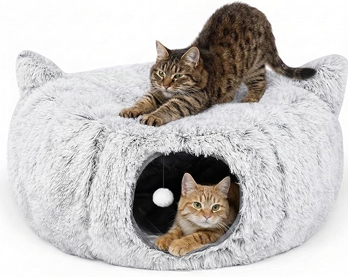 Interactive Cat Toys for Indoor Cats – 3-in-1 Cat Tunnel Bed with 2 Catnip Toys, Peekaboo Cat Cave & Donut Tunnel, Foldable Interactive Toy for Kittens & Small Pets, 32"