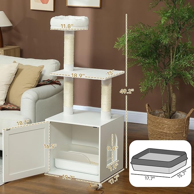 Elegant Multi-Tier Cat Tree with Privacy Litter Box, Premium Sisal Scratching Areas, Plush Bedding, Tiered Platforms - White