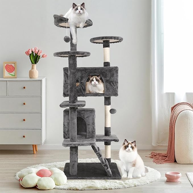 70" Multi-Level Cat Tree Tower with Scratching Posts, Toys & Condo - Space-Saving Design for Indoor Kittens, Compact Floor Footprint & Vertical Space for Multi-Cat Homes-Ashy