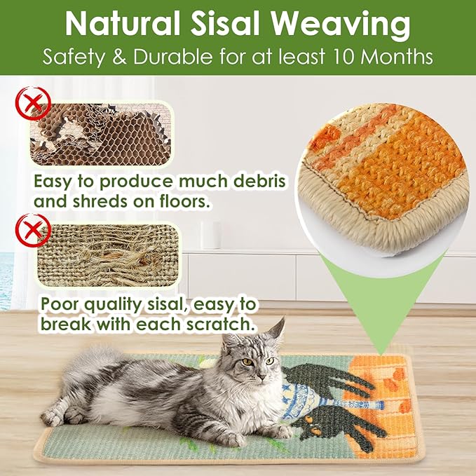 3-in-1 Sisal Cat Scratch Mat 23.6x15.7'' Floor & Wall Cat Scratcher Pad, Protects Carpet Couch & Furniture with Sticker Tape, Anti-Slip, Durable for Indoor Outdoor Cats (Srping)