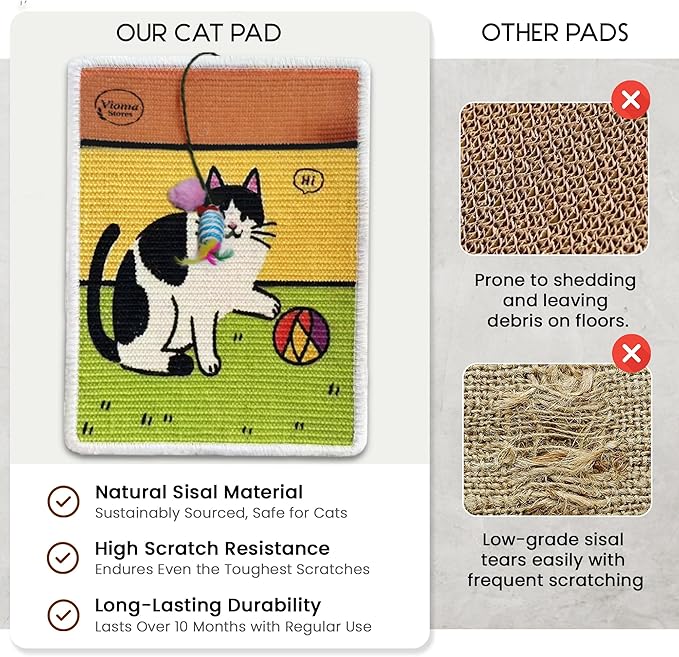 Sisal Cat Scratcher Mat [+ Sisal Mouse Toy] – Wall & Couch Protector, Carpet & Floor Scratching Pad, Durable Non-Toxic & Shedding-Resistant (Playful Paws)