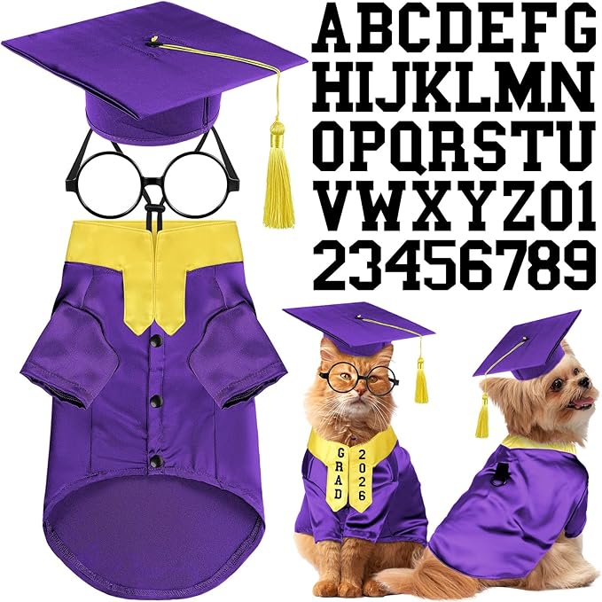 5 Pcs Dog Graduation Costume Set Include 2026 Pet Graduation Gown with Stole Puppy Grad Cap Lensless Glasses DIY Letter Stickers for Dogs Cats Holiday Costume Accessory(Purple Yellow,S)