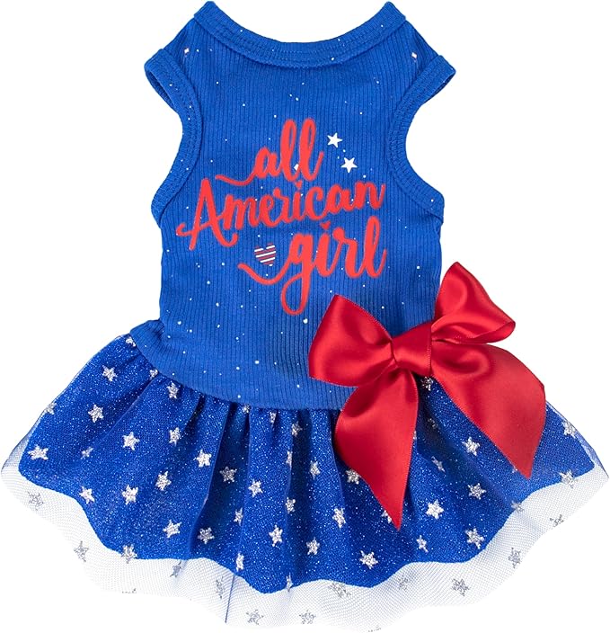 Fitwarm All American Girl Dog Dress, 4th of July Dog Clothes for Small Dogs Girl, Patriotic Dog Tulle Dress, Pet Outfit, Royal Blue, Red, White, XS