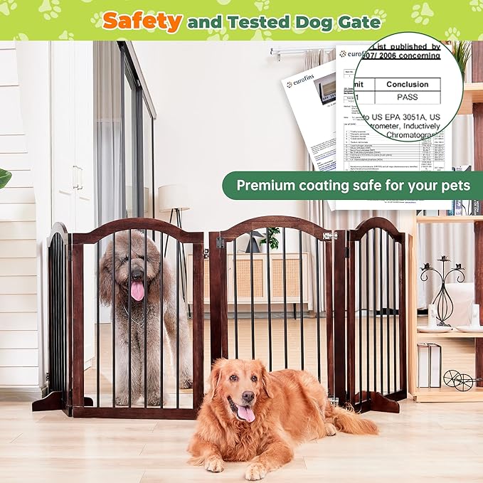 PrimeZone 96" Wide Dog Gate with Door - 30" Tall 4-Panel Solid Acacia Wooden Freestanding Puppy Gates, Foldable Indoor Pet Fence for Doorways, Stairs, Support Feet Included, Brown