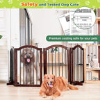 PrimeZone 96" Wide Dog Gate with Door - 30" Tall 4-Panel Solid Acacia Wooden Freestanding Puppy Gates, Foldable Indoor Pet Fence for Doorways, Stairs, Support Feet Included, Brown