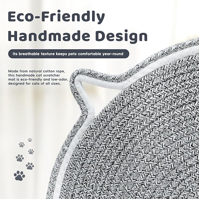 Handmade Woven Cat Scratcher Mat, 16.9"/19.7" Natural Cotton Rope Cat Scratching Pad for Indoor Cats, Non-Slip Flat Scratch Pad, Soft Durable Cat Lounging Mat with Ball Toy (Gray,16.9 in)