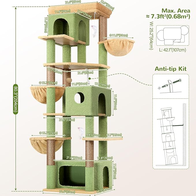 Globlazer Large Cat Tree, 80 inch Multi-Level Cactus Tall Climbing Tower Kitty Condos Cat Scratching Tower for Indoor Multiple Large Adult Cats Kittens with 3 Cat Caves, 3 Hanging Baskets, F80F, Green