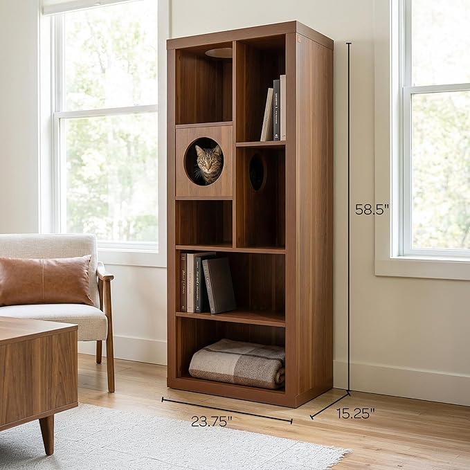 4 Cats & Dogs Cliff Jr. Cat Tree Bookshelf – Stylish Multi-Level Cat Climbing & Hiding Shelf, Space-Saving Bookshelf with 7 Levels, Wall-Mounted Secure Cat Furniture, Walnut (58.5" x 23.75" x 15.5")