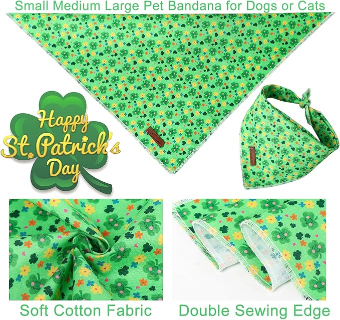 St. Patrick's Dog Bandana, Shamrock Triangle Bid Scarf for Small Medium Dog, Cotton Pet Kerchief for Girl Boy Dogs or Cats, Cute Spring Dog Bandana, Puppy Green Dog Bandana