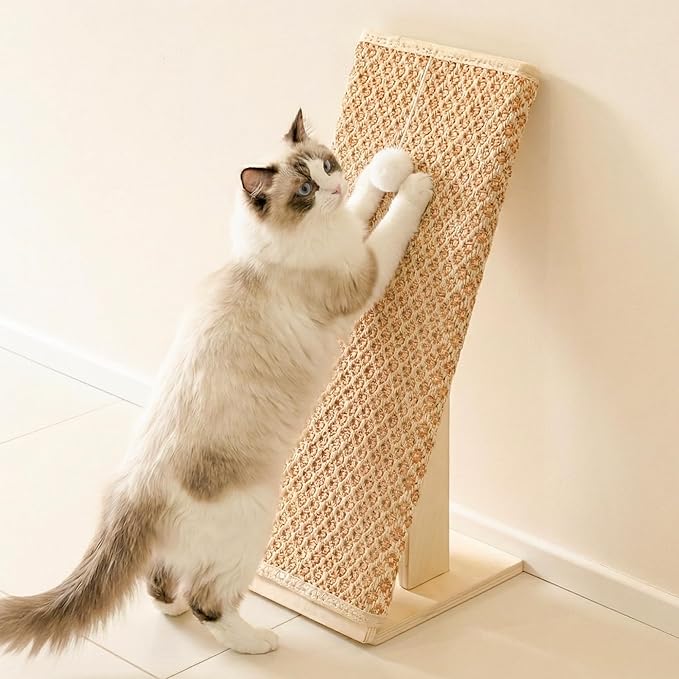 PETKARAY Inclined Cat Scratcher, Sisal Scratching Ramp for Indoor Cats, 24.8'' Cat Scratch Post for Couch, Replaceable Sisal Scratch Pad with Toy Ball, Classic