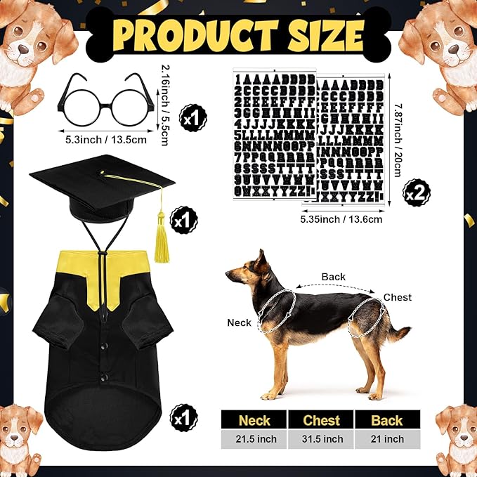 5 Pcs Dog Graduation Costume Set Include 2026 Pet Graduation Gown with Stole Puppy Grad Cap Lensless Glasses DIY Letter Stickers for Dogs Cats Holiday Costume Accessory(Black Yellow,XL)