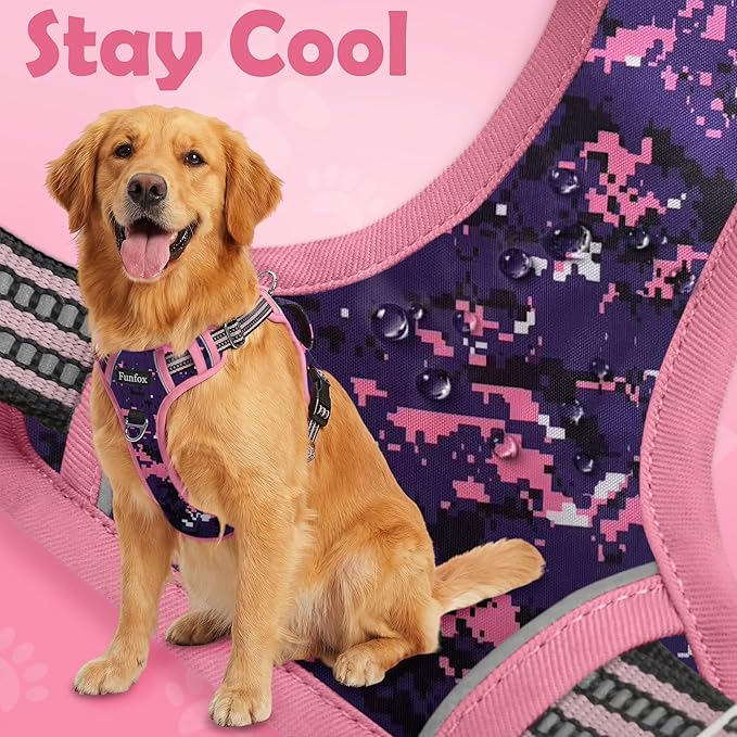 Funfox Dog Harness No Pull, Adjustable Pet Vest Harness, Super Soft Material with Vertical Handle Easy Control, Reflective Night Walking, 2 Leash Clips for Medium Sized Dogs, Mosaic Pink, M