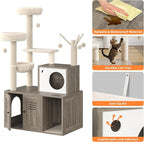 Wooden Cat Tree with Hidden Litter Box Cabinet,Scratching Posts, Teaser Sticks, Basket & Perch, Barn Door Design,Stylish Washroom Cabinet Cat Furniture for Indoor Cats,Rustic Grey
