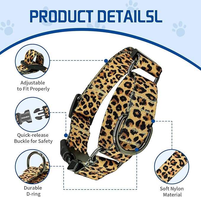Kazazoo Martingale Collar for Dogs with Quick Release Buckle Adjustable Soft Durable Dog Collar for Small Medium Large No Pull Training Dog Collars-Brown Leopard S