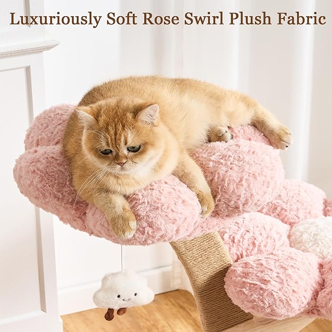 Modern Cat Tree Tower for Indoor Cats Large Adult, 37 inch Flower Cat Tree with Scratching Post, Luxury Aesthetic Cat Tree with Cloud-Soft Flower Perches and Physical Mouse-Sound Hanging Toy