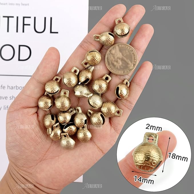 AUEAR, 30 Pack Antique Gold Bells Tibetan Brass Vintage Indian Charms Pendants for Pet Bell Dog Collar Crafting Home Door Decor