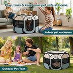 Dog Cat Playpen, Portable Puppy Pet Crate Indoor for Small Dogs Cats Rabbits, Foldable Dog Cage Enclosure for Outdoor, Pop Up Dogs Tent Kennel with Carrying Case, Grey