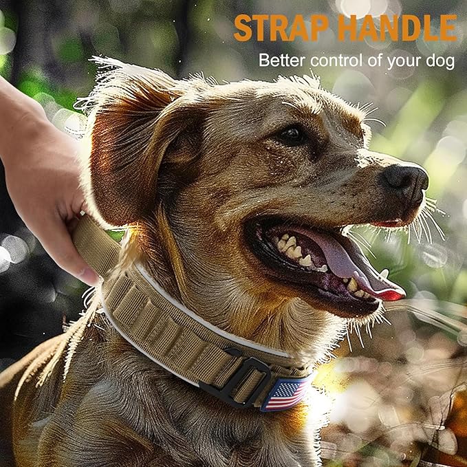 HYDEME Tactical Dog Collar and Leash Set, Alpine Loop Adjustable Reflective Military Training Nylon Dog Collars with Handle Shock Retractable Dog Leash for Small Medium Large Dogs.(L,Brown-Set)