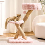 HITTITE Natural Solid Wood Cat Tree Tower with Scratching Post, 32 Inches Tall Modern Cat Tower with Cozy Bed and Platforms, Luxury Real Branch Cat Tree for Indoor Cats Large Adult, Pink.
