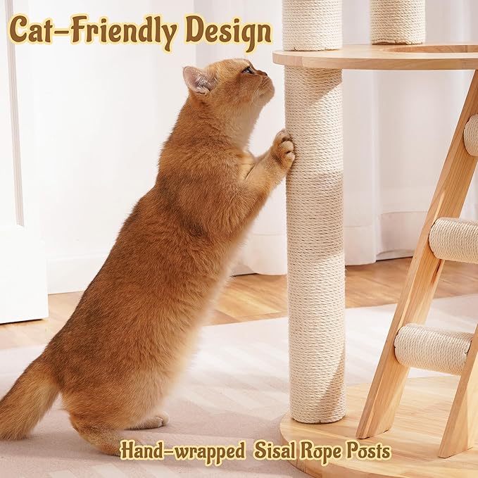 Modern Solid Wood Cat Tree for Indoor Cats Large Adult, 61.5in Tall Cat Tower with Sisal Scratching Posts, Ladder, Cozy Cat Beds, Semi-Open Cat Condo, Dangling Ball, Multi-Level Cat Furniture