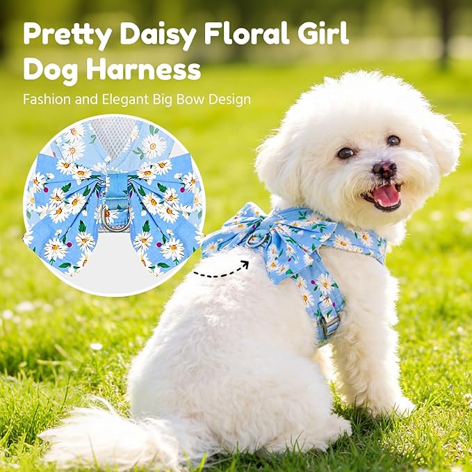 BAEJMJK Dog Harness and Leash Set with Bow Knot No Pull Pet Daisy Floral Harness with D-Ring Soft Mesh Dog Harness Vest Set Escape Proof Princess Puppy Harness for Small Girl Dogs Cats（Blue B L）