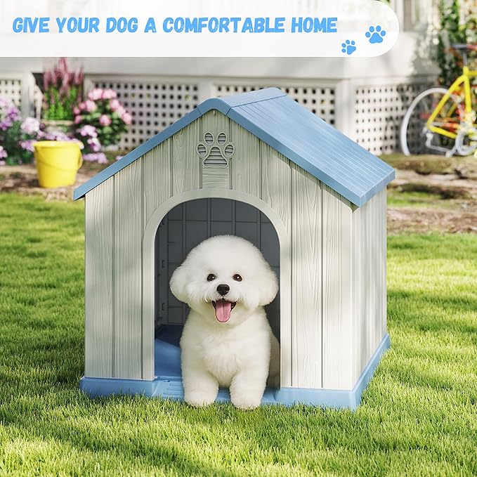 VIXZEN Dog House Outdoor, 26 Inch Resin Dog House Indoor Small Dog - Waterproof & UV-Resistant, Hidden Vents & Stable Structure, Easy Assembly, Versatile Storage, All-Weather Doghouse Outdoor (Blue)