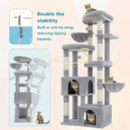 Hey-brother Cat Tree, 67.3 Inches Tower with 3 Soft Platform Beds, 2 Large Condos, 9 Sisal Scratching Posts, 2 Hammocks and Toys, Multi-Level Step House for Multiple Indoor Kittens, Light Gray MPJ084W