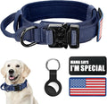 Tactical Nylon Dog Collar - Heavy Duty Metal Buckle with Handle for Dog Training, with Patches (Blue, L)