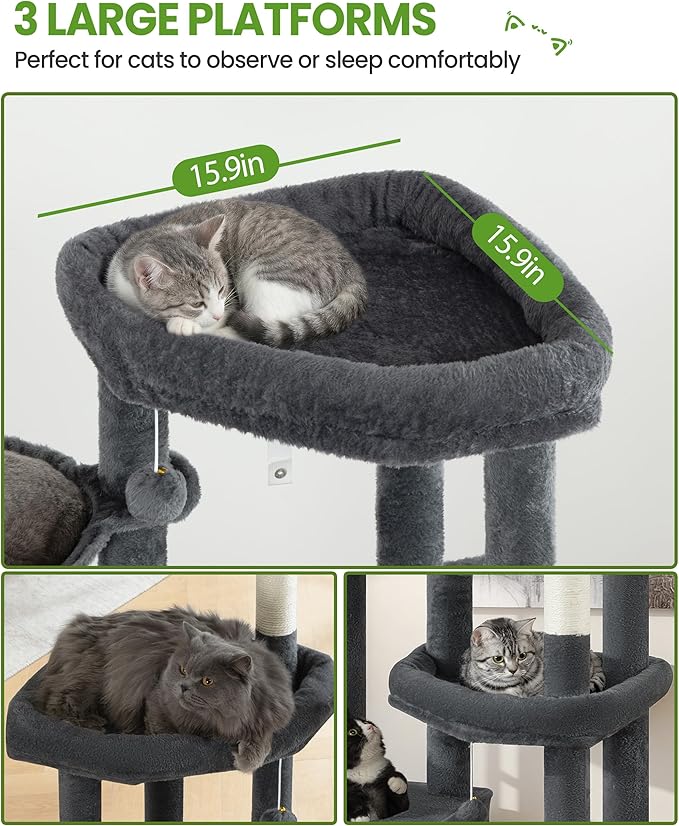 Multi-Level Cat Tree Tower for Indoor Cats, 67 inch Tall XL Heavy Duty Climbing Tower with 3 Large Platform, Scratching Post, Hammock, Kitty Condo for Multiple Cats, Extra Large Cat Trees, Dark Grey