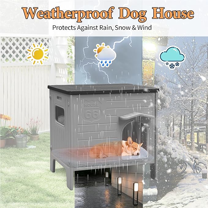 Dog House Outdoor with Dog Mat Bed Weatherpoof Plastic Dogs Houses Indoor Waterproof Stray/Pet Dog Shelter Outside for Medium and Small Dogs