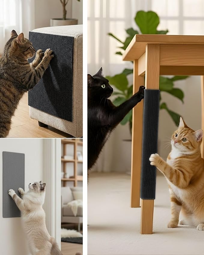 Trimmable Self-Adhesive Cat Scratch Mat, DIY Climb Scratcher for Cat Tower, Couch, and Furniture Protector, Replacement Pads (Black, 23.6''x11.8'', 3-Pack)