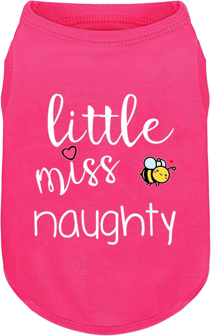 Pink Cotton Dog Shirt with 'Little Miss Naughty' Bee Print, Soft & Breathable Pet Apparel for Small to Large Dogs, All-Season Sleeveless Vest, Cute and Comfortable Dog Outfit.Pink S