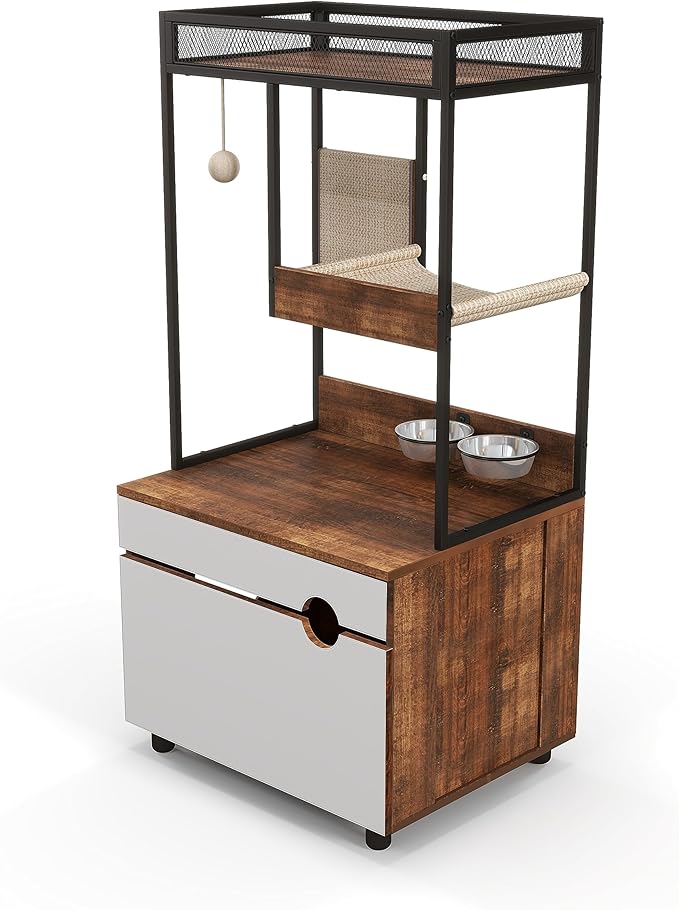 Cat Litter Box Enclosures with Cat Tree Tower,Cat Furniture All-in-one Modern, with Food Station and Cushions