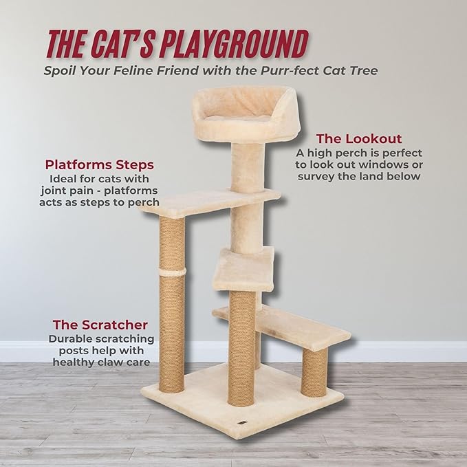 TRIXIE Tulia Senior Cat Tower with Scratching Posts, Four Platforms, Top Platform with Backrest, Beige Medium