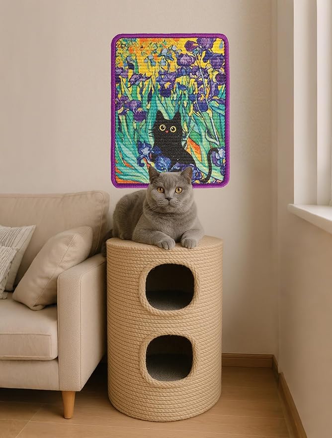 ILIMOC Sisal Cat Scratcher Mat: 16x12 Inches Natural Scratch Mats Art Print - Iris Decorative Vertical Cat Wall Scratcher for Couches Cabinets Doors - Durable Scratching Poster for Indoor