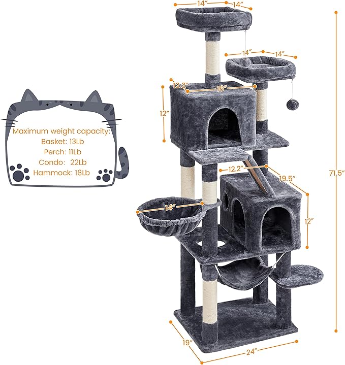 Topeakmart 71.5in Cat Tree Large Cat Tower for Indoor Cats, Multi-Level Cat Furniture w/Condos, Perches, Basket, Hammock and Scratching Posts, Cat Kitten Pet Play House