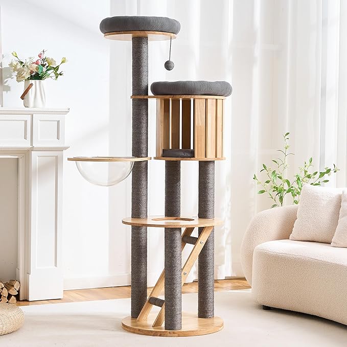 HITTITE Solid Wood Cat Tree Tower with Scratching Post, 61 Inches Tall Cat Towers with Capsule and Condo, Modern Cat Tower with Climbing Ladder and Removable Top Bed for Indoor Cats.Grey