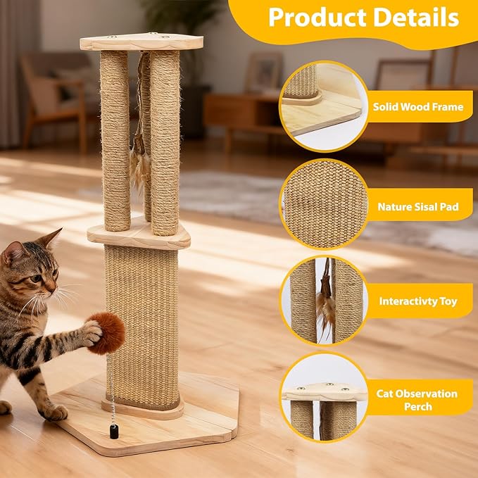 Sisal Cat Scratcher with Perch,26.5inch Wooden Cat Scratch Post,3 in 1 Scratching Cat Platform with Sisal Pad and Interactive Toy for Indoor Cats Use,Easy Assemble