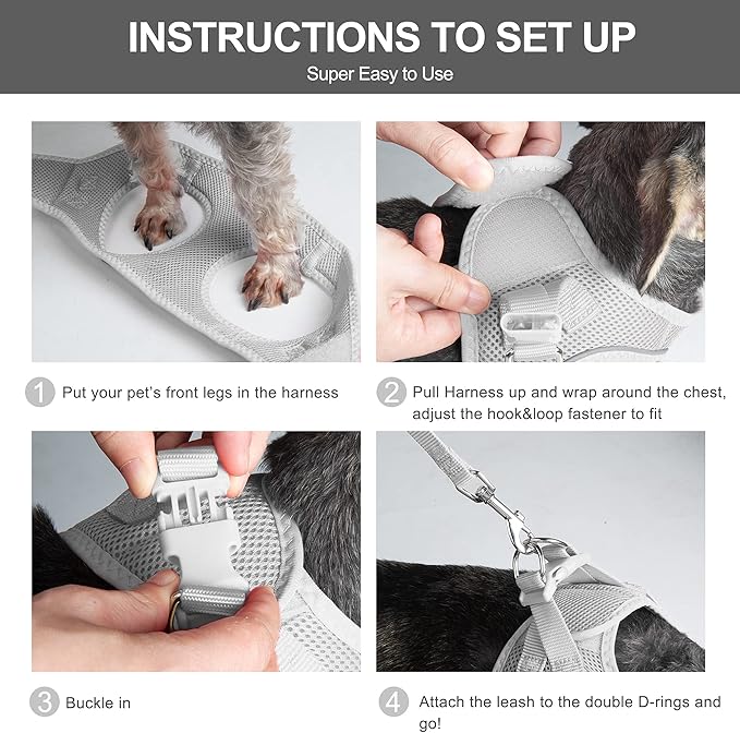 Fida Comfy Dog Harness with Leash, Soft Puppy Vest Escape Proof, Breathable Lightweight Soft Mesh, Adjustable Reflective Step-in Harness for Small Pets Walking (Small, Grey)
