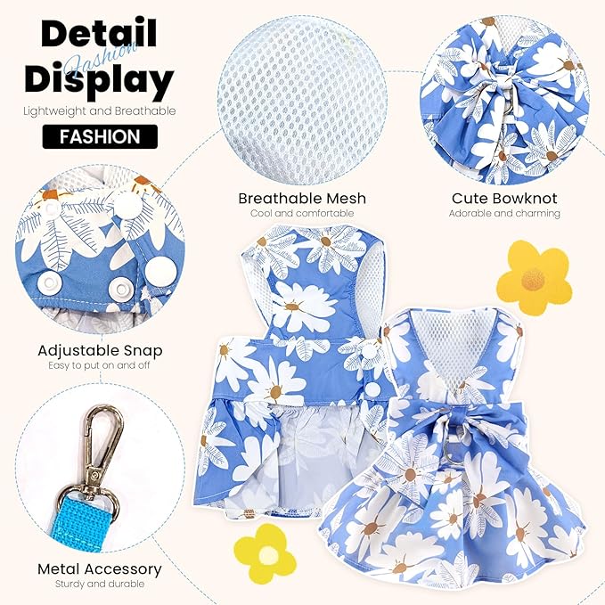 Cute Dog Dress Small Dog Clothes for Girls Female Puppy Outfits Blue Daisy Pet Summer Clothes Bowknot Doggy Cat Princess Dress Harness Set for Holiday Birthday Party Costume Clothing(Blue,XS)