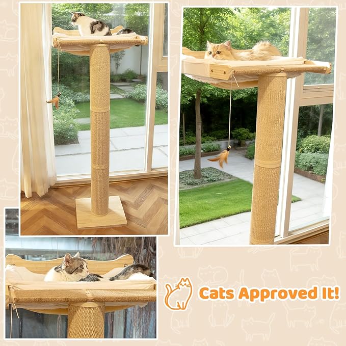 54.3" Cat Window Perch with 3 Adjustable Roman Column Sisal Posts, White Fluffy Cusion, Drill-Free Suction Cups, Multi-Level Climbing Perch, 60 lbs Capacity
