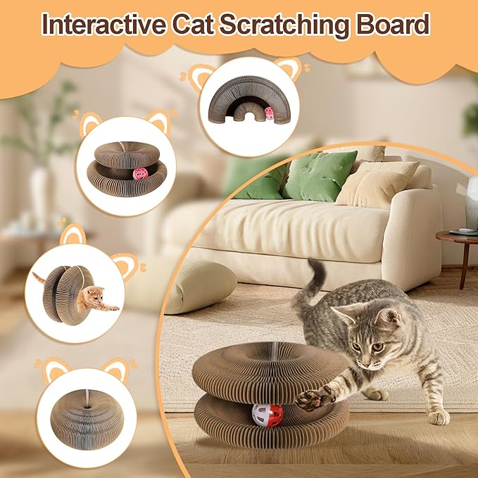 2PCS Interactive Cardboard Cat Toys,Cat Scratching Board with A Ball,Shape Shifting Accordion Cat Scratcher Toys with Different Shapes,Magic Kitten Scratcher Pads for Indoor